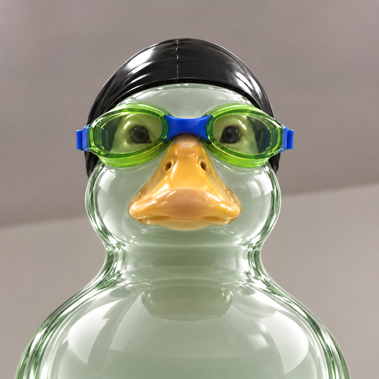 naspons glass duck wearing green goggles and black swim cap